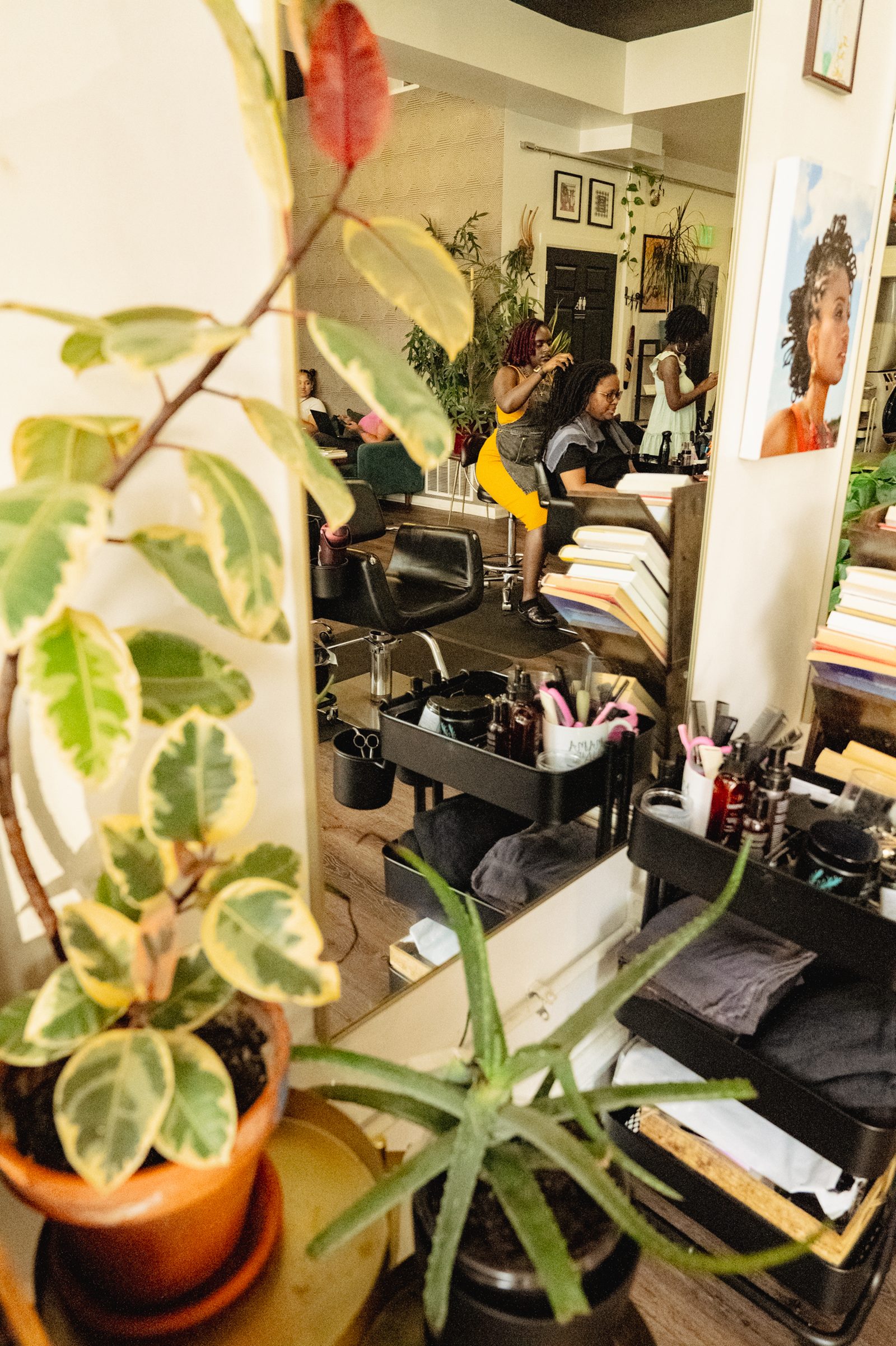 View of the salon through a mirror, framed by plants